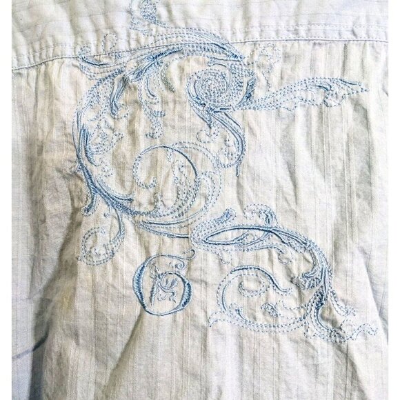 Guess Mens Button Up Shirt Large Light Blue Embroidered Back Long Sleeve Striped - Picture 3 of 5